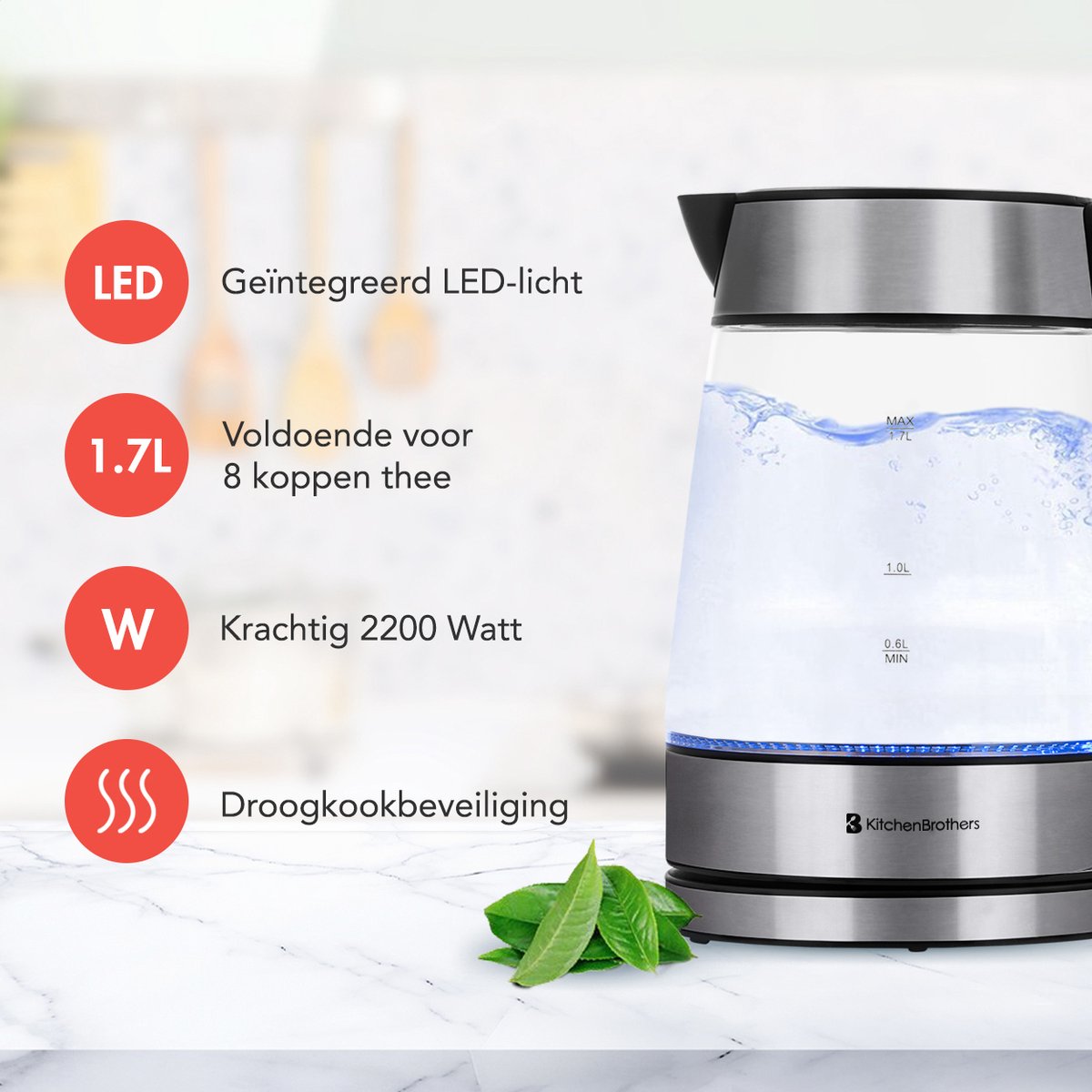 KitchenBrothers Waterkoker - 1.7L - Glas - BPA vrij - 2200W - 24.51x16.04x22.70 cm - Glas|Zonder temperatuurregeling