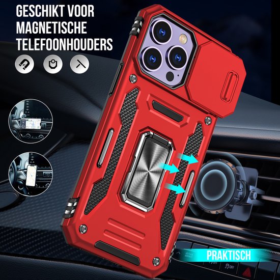 Podec Hoesje geschikt voor iPhone 11 Pro Rood Telefoonhoesje - Anti-Shock Case Cover Hybrid Armor Hoes met Kickstand Ring met Screenprotector