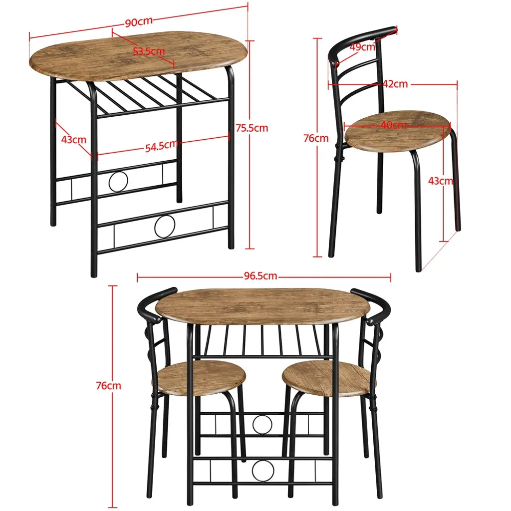 Yaheetech Eethoek 3-delig - Bruin - Eettafel met Opbergplank en 2 Stoelen voor 2 Personen