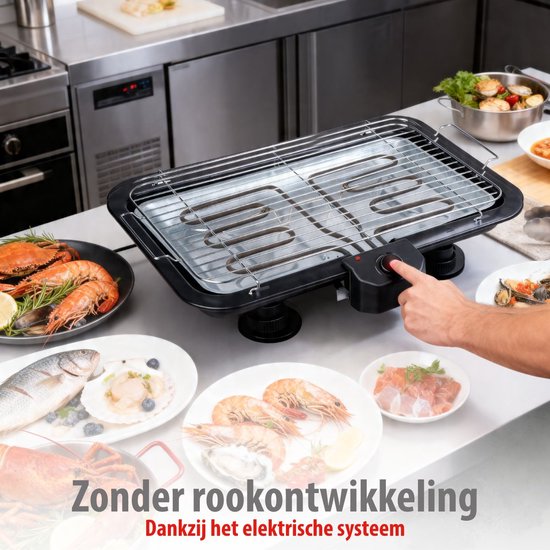 alpina Elektrische BBQ 2-In-1 2200W - Electrische BBQ Tafelmodel met Thermostaat - Elektrische Grill met Warmhoudfunctie - Tafelgrill Electrisch met Verstelbaar Rooster - 51 x 30 cm - Zwart
