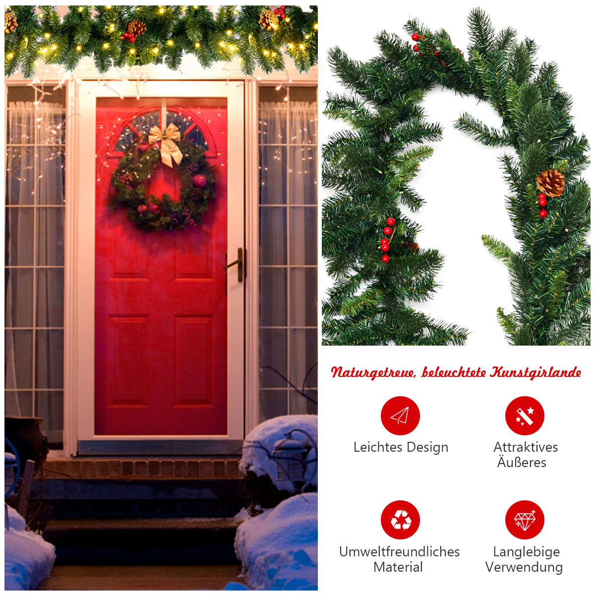 Coast Kerstslinger Groen – 274 cm – Met 100 Warmwitte LED-Lampjes, Dennenappels en Rode Bessen