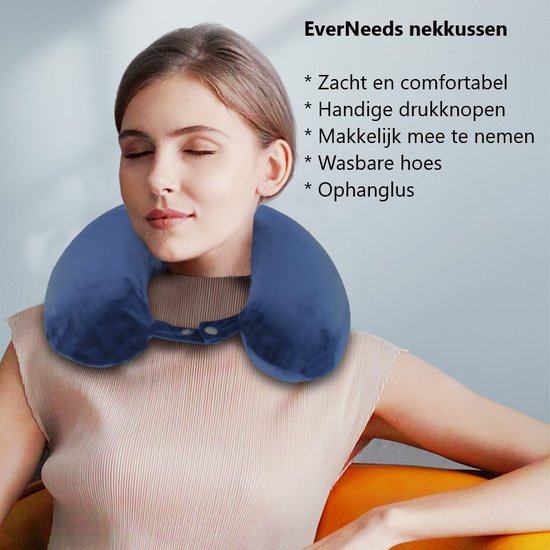 EverNeeds - Nekkussen - U Vorm - Memory Foam - Donker Blauw - 7x30x11 cm