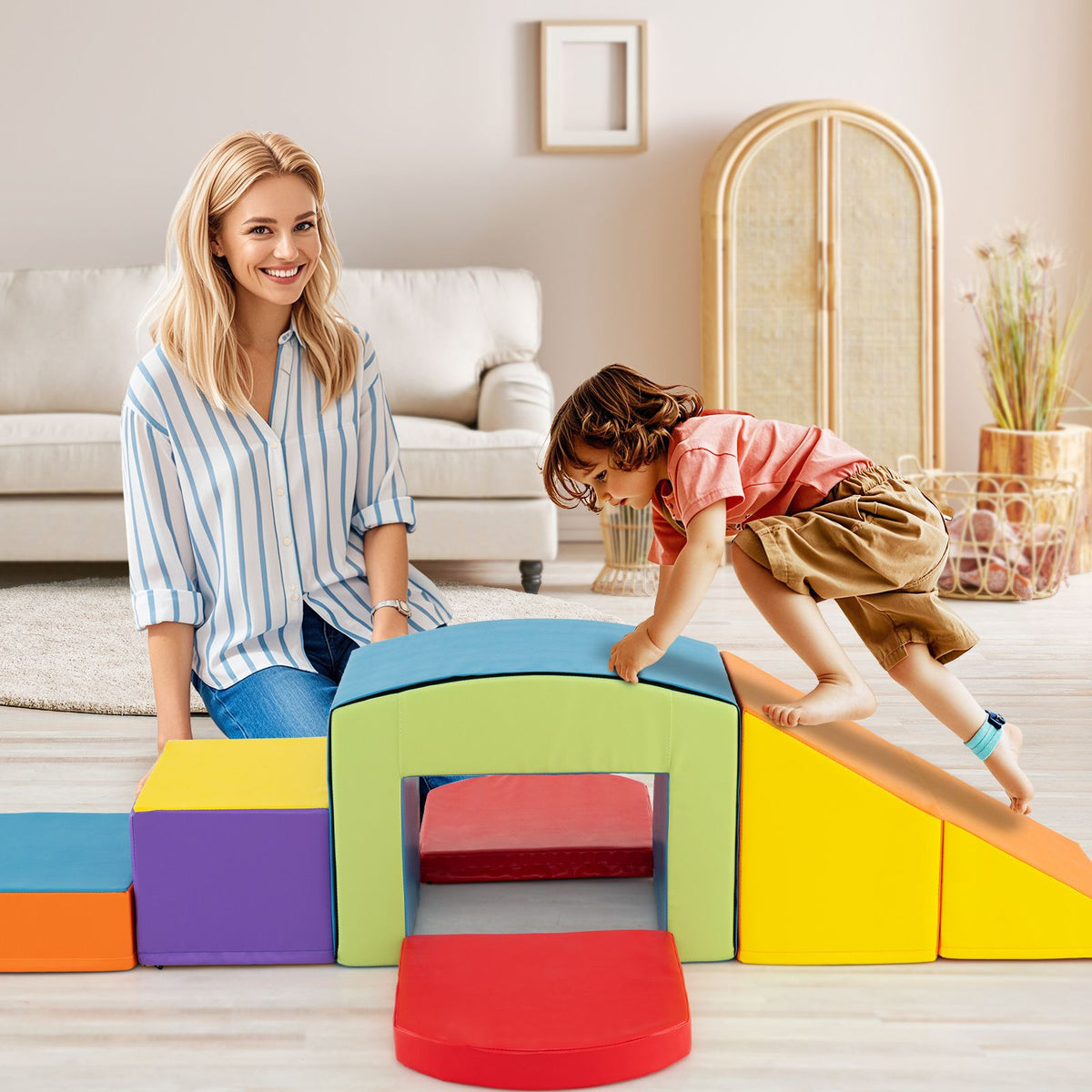 Costway Klimblokken Set – 6-delig & Incl. Tunnel – 60 x 41 x 46 cm – Multicolor