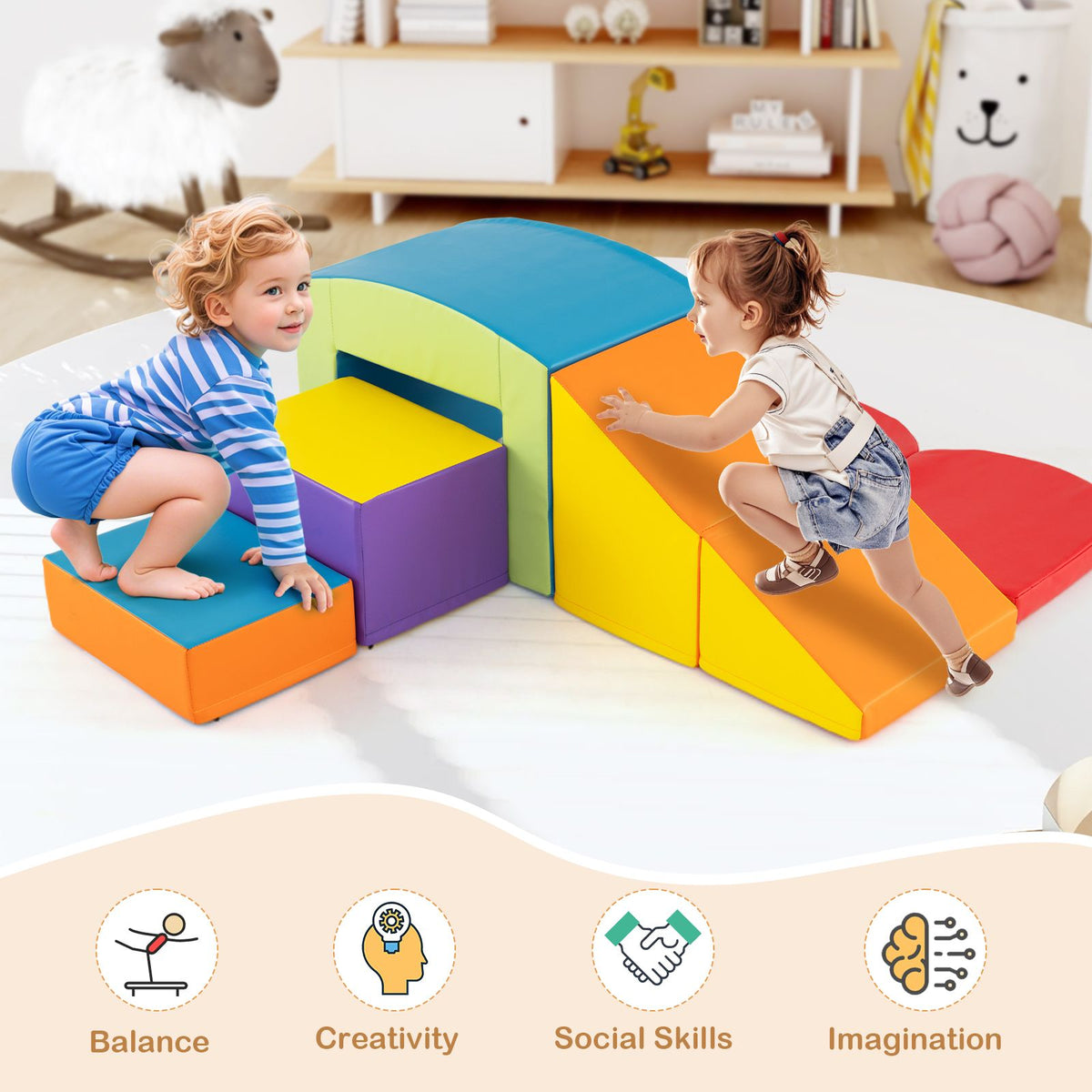 Costway Klimblokken Set – 6-delig & Incl. Tunnel – 60 x 41 x 46 cm – Multicolor