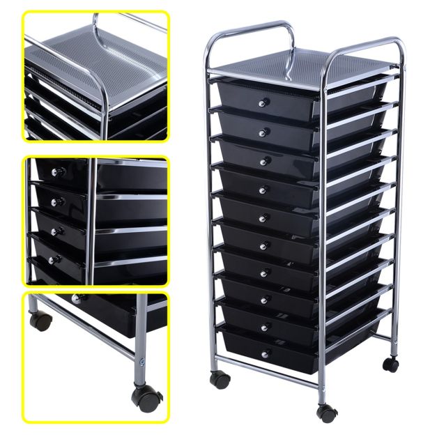 Coast Opbergwagen – 10 Lades & Bovenplank – 32,5 x 37 x 86 cm – Zwart