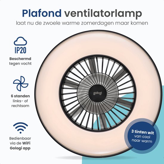 Gologi Plafondventilator met Verlichting - Ø60 cm - LED RGBW - 6 Standen - Plafondlamp Slaapkamer - Met Afstandbediening en App - Zwart