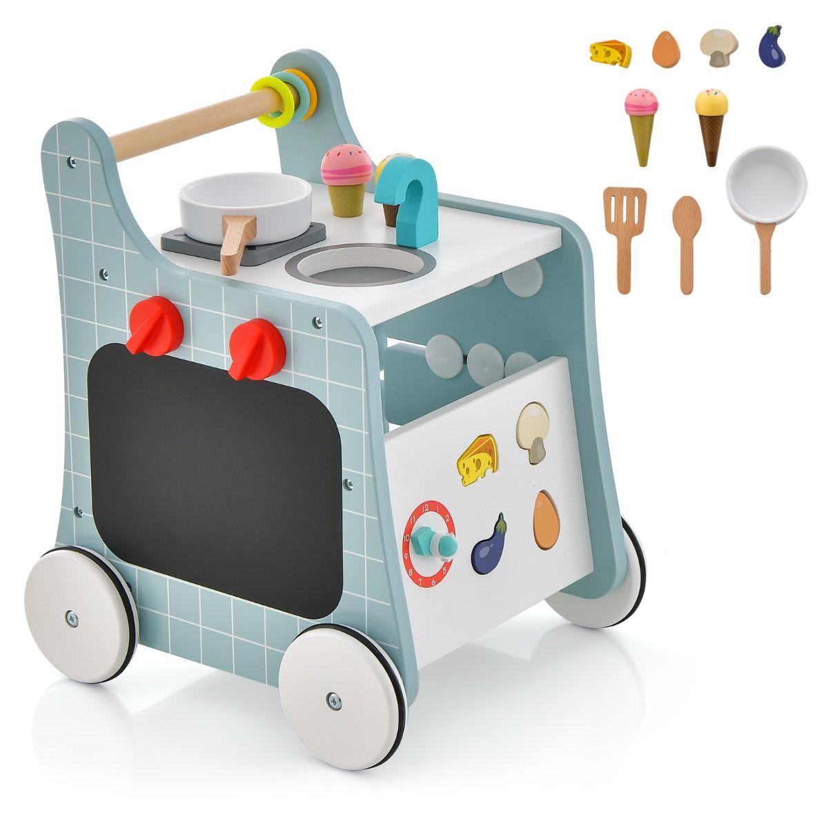 Coast 6-in-1 Houten Loopwagen Speelkeuken - Blauw - 31 x 34,5 x 42 cm