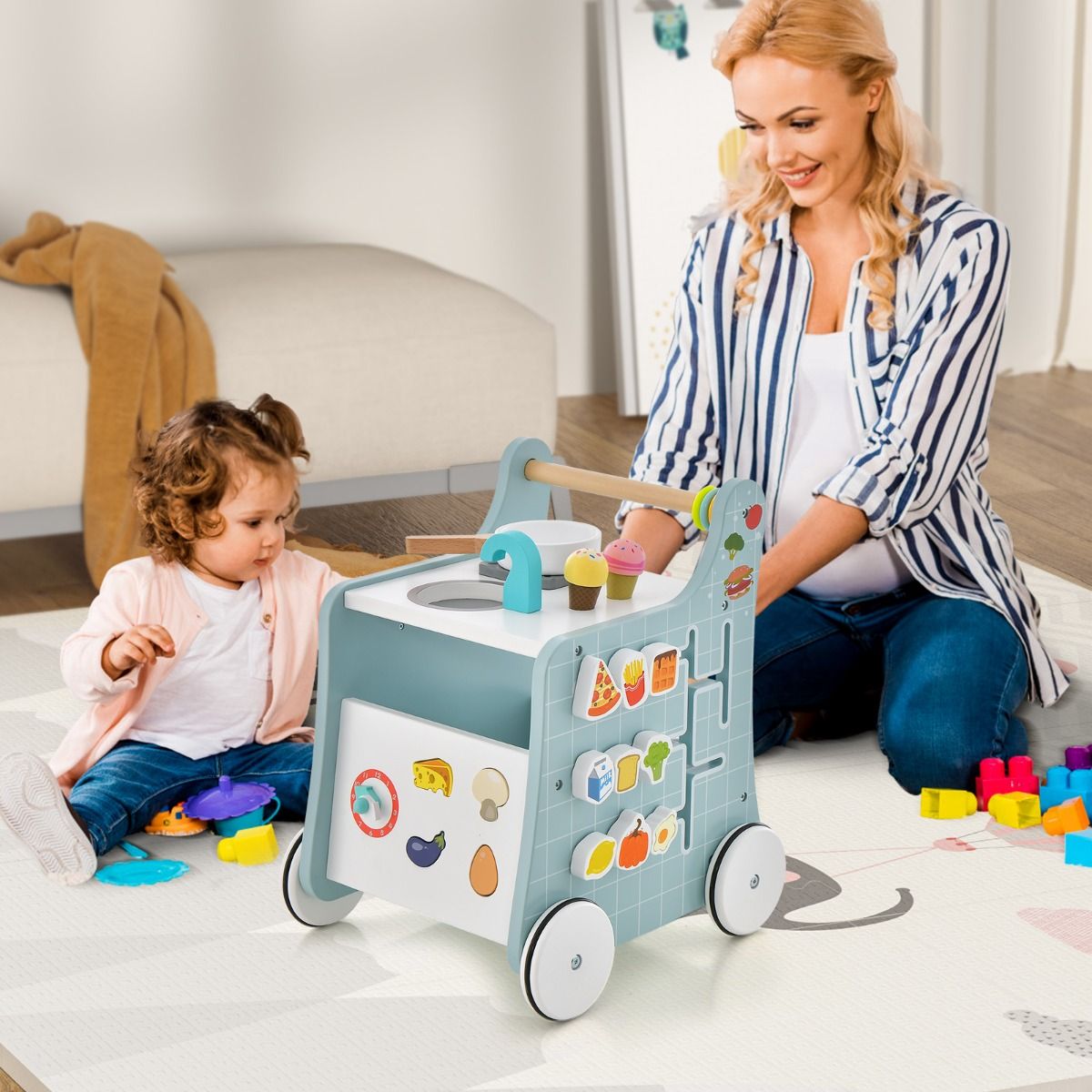 Coast 6-in-1 Houten Loopwagen Speelkeuken - Blauw - 31 x 34,5 x 42 cm