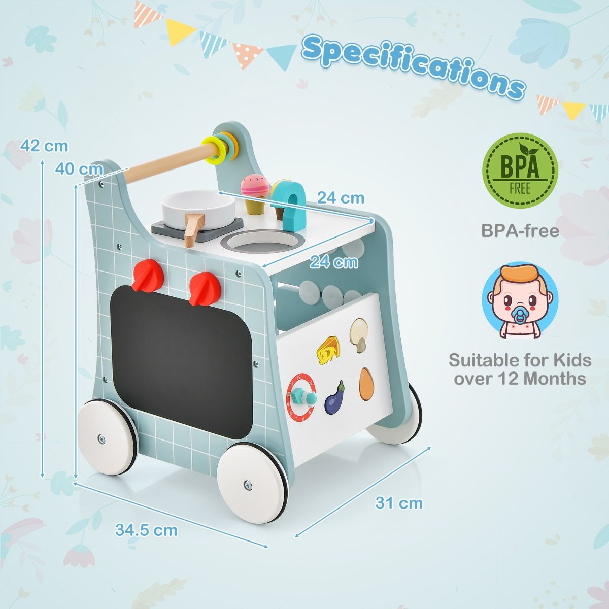 Coast 6-in-1 Houten Loopwagen Speelkeuken - Blauw - 31 x 34,5 x 42 cm