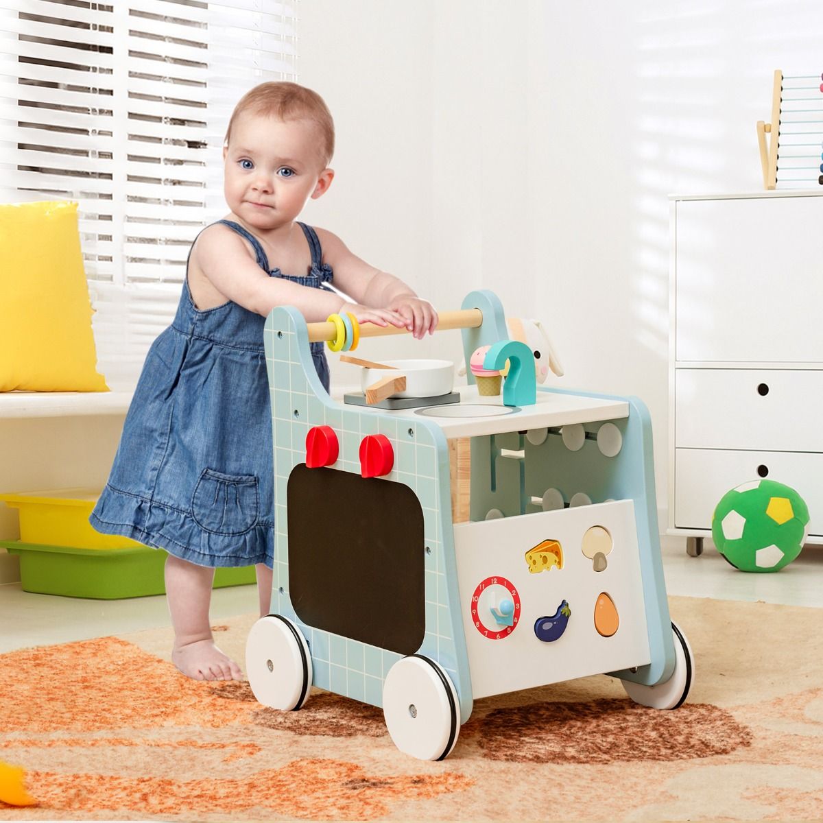 Coast 6-in-1 Houten Loopwagen Speelkeuken - Blauw - 31 x 34,5 x 42 cm