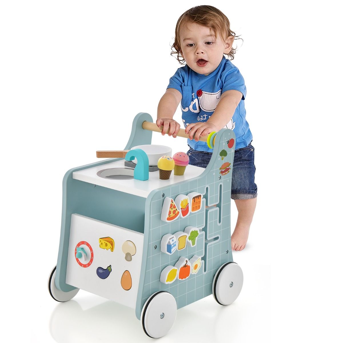 Coast 6-in-1 Houten Loopwagen Speelkeuken - Blauw - 31 x 34,5 x 42 cm