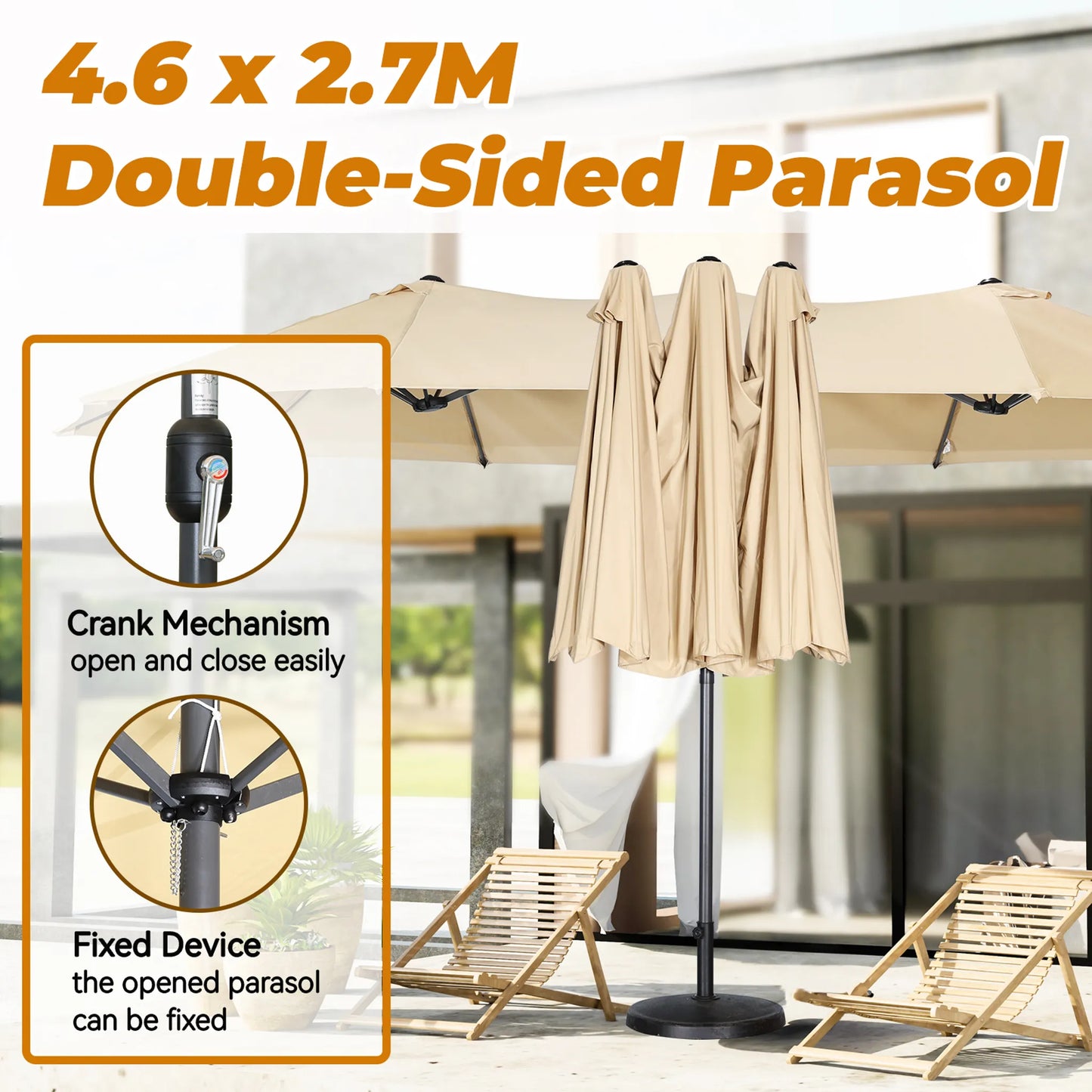Angel Living Dubbele parasol - 460 x 270 cm - met draaislinger - UPF 50+ - beige
