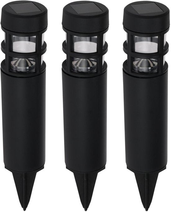 Pro Garden Solar tuinlampen / prikspots - 3x stuks - warm wit licht - 7 x 28 cm - tuinverlichting - tuinlampjes - zwart - kunststof
