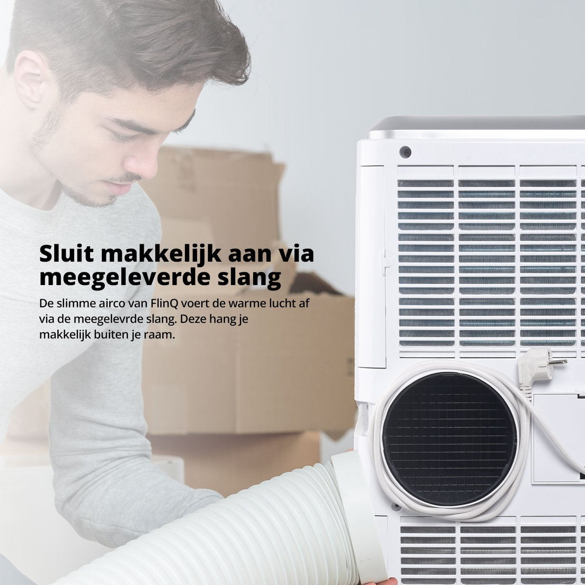 FlinQ Slimme Mobiele Airco Met Afvoerslang - 13.000 BTU - Stille Slaapfunctie - Verkoelt tot 50m2 - Met App en Afstandsbediening - 41.5 x 41.8 x 79 cm - Wit
