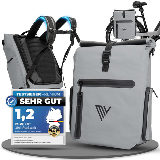 MIVELO EVO 25L 3 in 1 fietstas voor bagagedrager - rugzak en schoudertas - 100% waterdicht en volledig reflecterend