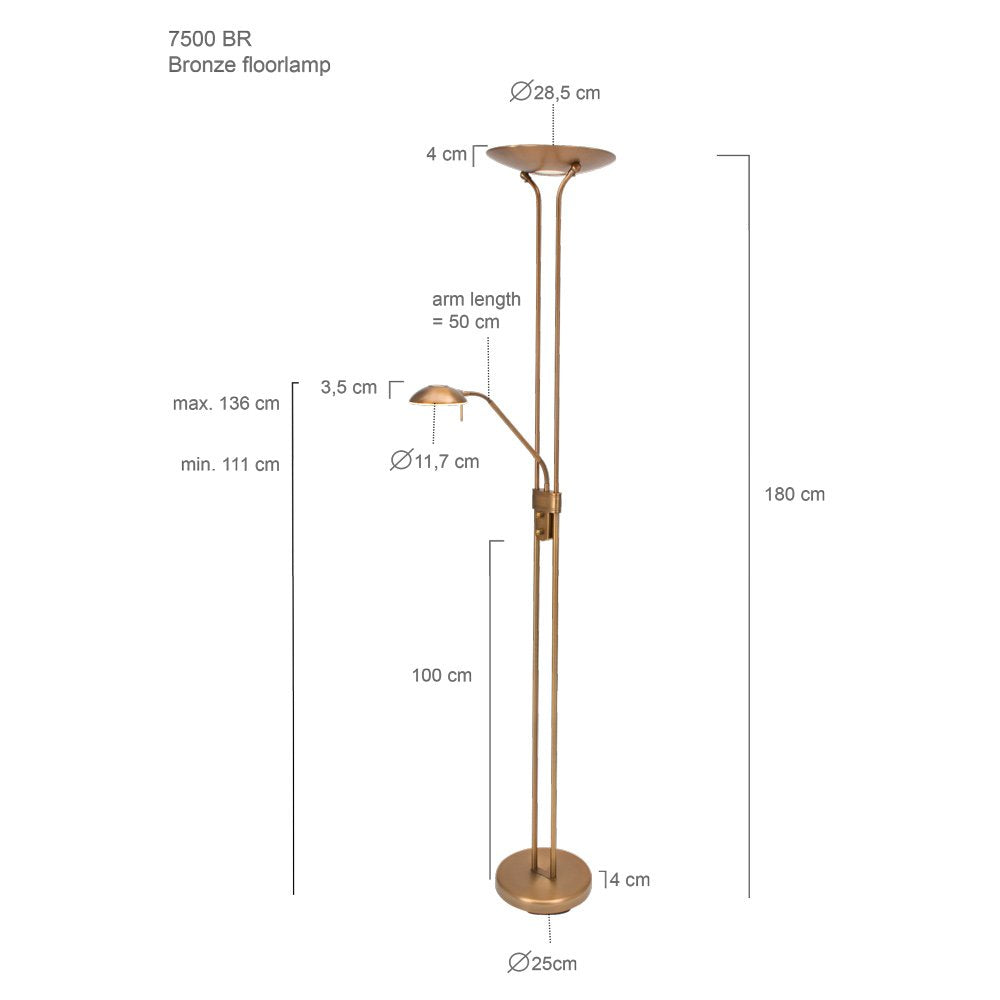 Steinhauer Olet - Klassieke LED Dimbare Vloerlamp | Staande Lamp met Dimmer met leeslamp - 1 lichts - H 1800 mm - Brons - Woonkamer | Slaapkamer