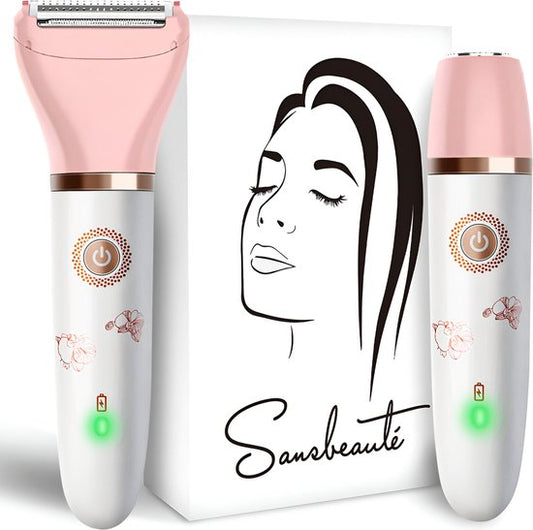 2-in-1 Ladyshave Gezicht - Oksels - Benen - Bikinilijn - Sansbeauté® - Scheerapparaat Vrouw - Ontharingsapparaat Electrisch Ontharen - Gezichtsontharing Dames - Trimmer Vrouw - Ladyshaves Bikini - USB Oplaadbaar