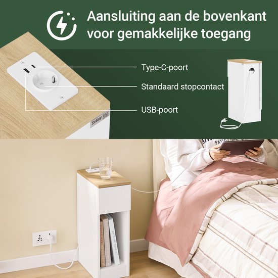 SoBuy 2-delige Slim Nachtkastje met Oplaadstation, Smal Bijzettafeltje met Standaard Stopcontact, USB-poort en Type-C Poort voor Slaapkamer en Woonkamer, B20 x D35 x H60 cm, Wit, FBT111-E-WNx2