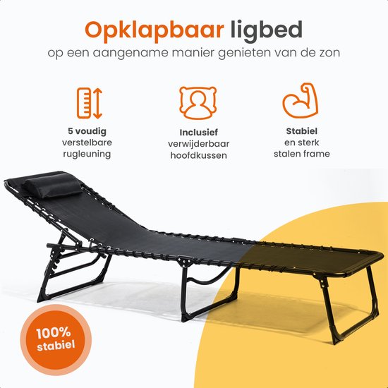 Goliving Ligbed - 5 Standen - 188 x 56 x 29 cm - Inklapbaar Zonnebed - Opvouwbaar Strandbed - Ligstoel Tuin - Inclusief Hoofdkussen - Verstelbare Rugleuning - Zwart