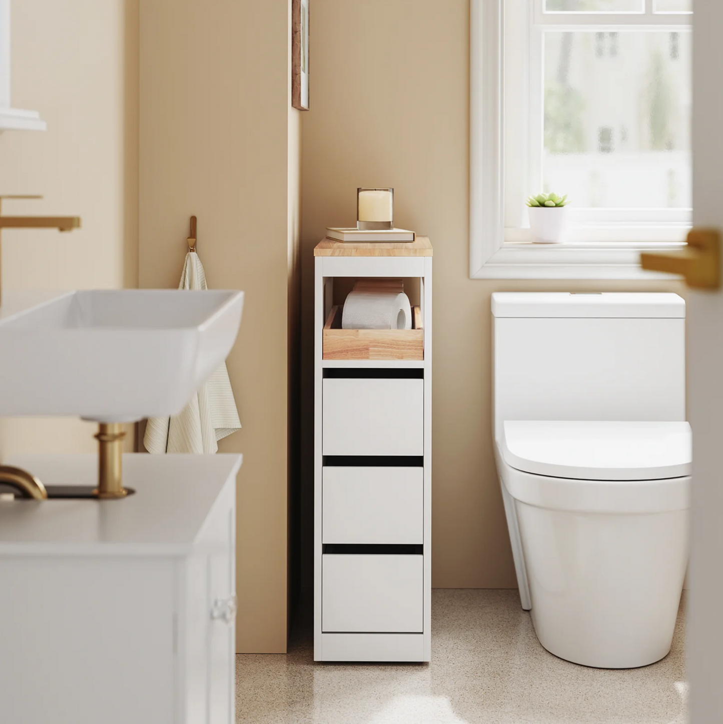 SoBuy Smalle Badkamerkast op Wieltjes - 65x23x82 cm - 3 Lades - Open Vak - MDF & Hout - Wit/Naturel