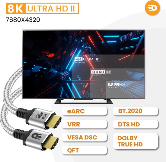 HDMI Kabel 2.1 - Ultra HD High Speed - HDMI naar HDMI - Geschikt voor Xbox Series X & PS5 - 1 meter - Nylon - Zilver Wit