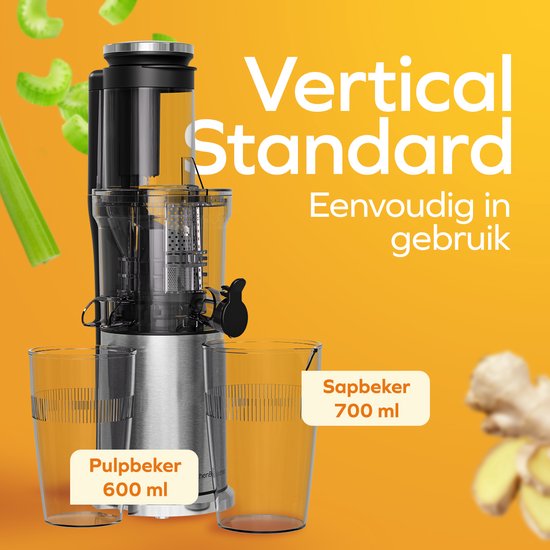 KitchenBrothers Slowjuicer - Sapcentrifuge - Verticaal - Juicer - Groenten en Fruitpers - 80 mm - 750 ml - Grijs