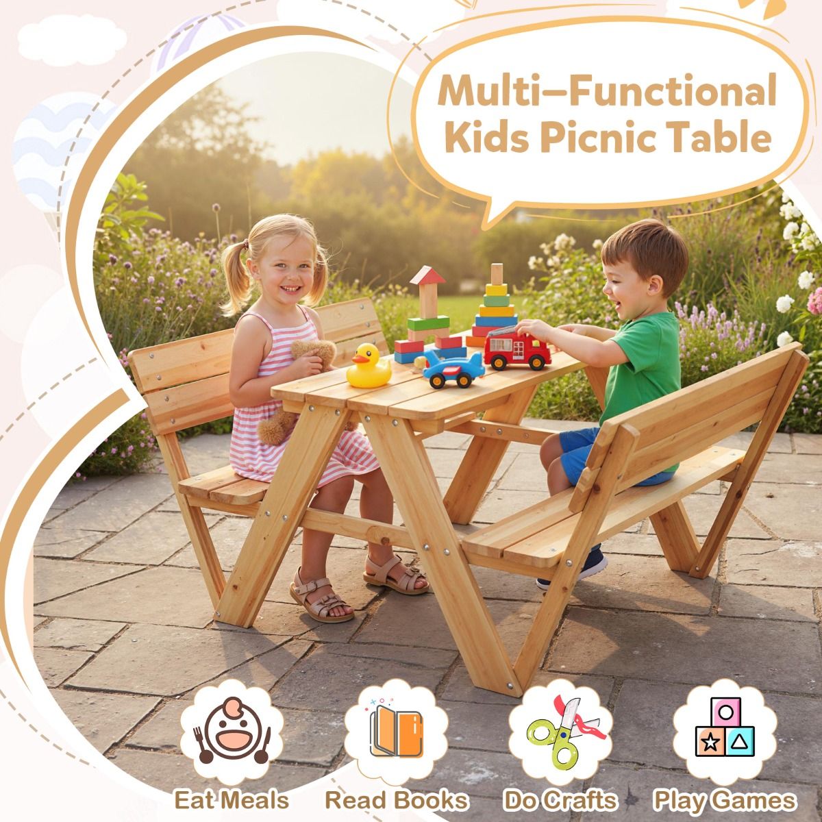 Coast Kinderpicknicktafel - houten peutertafel en bankenset - met rugleuning - naturel