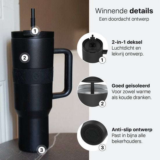 ONYX Drinkfles met Rietje 1 Liter - Waterfles voor Kinderen & Volwassenen - Thermosbeker RVS Travel Mug - Motiverende Drinkbus - Drinkbeker voor School - Onyx Black