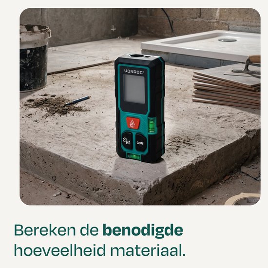 VONROC Laser Afstandsmeter – 50 meter bereik – Zeer compact formaat – meet afstand, oppervlakte, volume, Pythagorisch – Incl. handige rekenfuncties – Incl. batterijen