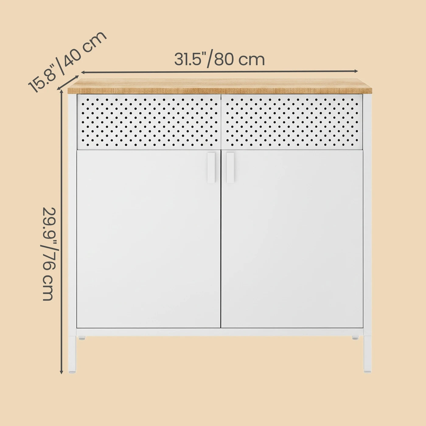 Ochama Metalen Opbergkast 80 x 40 x 76 cm - Dubbele Deuren - Verstelbare Plank - Mat Wit en Kameelgeel