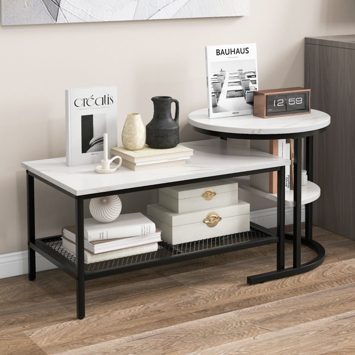 Coast Bijzettafelset - salontafel en bijzettafel - marmerlook tafelblad - zwart en wit