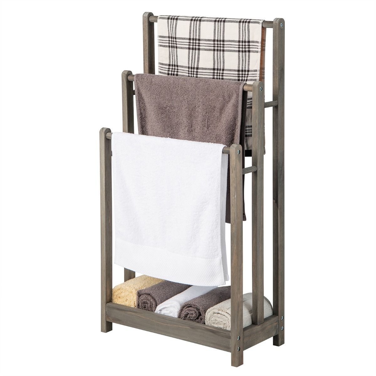 Coast Houten Handdoekenrek - 3 niveaus - Onderste opbergrek - Rustiek grijs - 45 x 22 x 86 cm