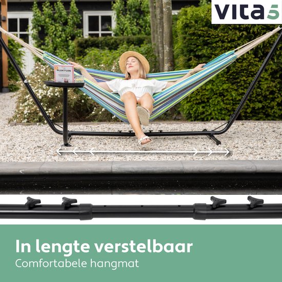 Vita5 Hangmat met Standaard – 2 Persoons – Incl. Bekerhouder – 205kg Draaggewicht – Groen/Blauw