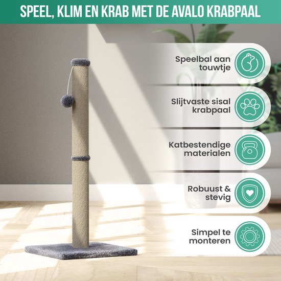 Avalo Krabpaal met Speelballetje - 36x36x74 cm Donkergrijs - Krabpaal voor Katten - Katten krabpaal