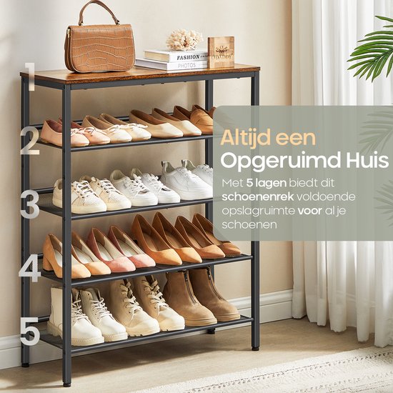 O'DADDY® Schoenenrek - 5 Laags - Schoenen Opbergsysteem - Schoenrek - Schoenenkast - Schoenkast - Industrieel Design - Bruin Hout - Zwart Metaal