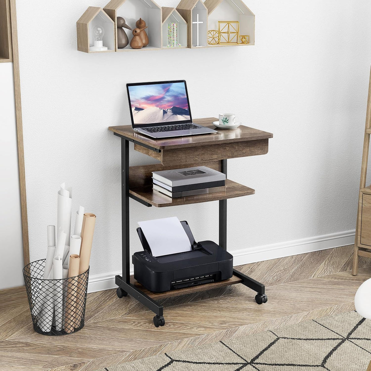 Yaheetech Roltafel met Lade en 4 Opbergplanken – 56 x 51 x 79,5 cm – Taupe