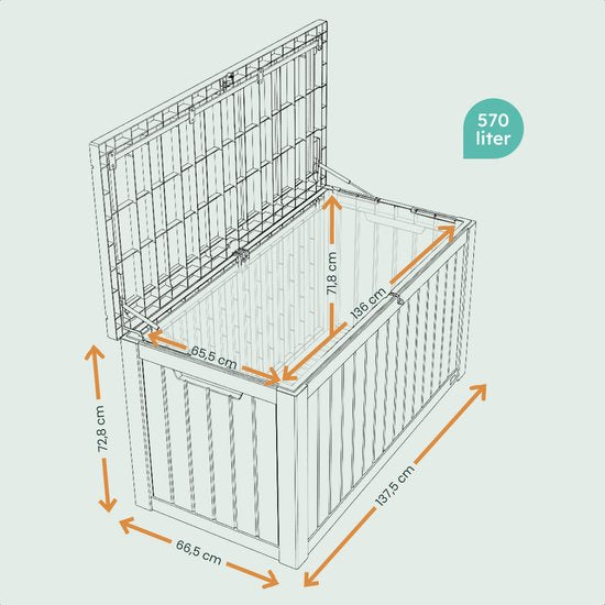 LifeGoods Opbergbox - 570L - Kussenbox - Waterdicht - Tuinkussenbox - Roestvrij - Tuinbox - 137,5x66,5x72,8 cm - Grijs