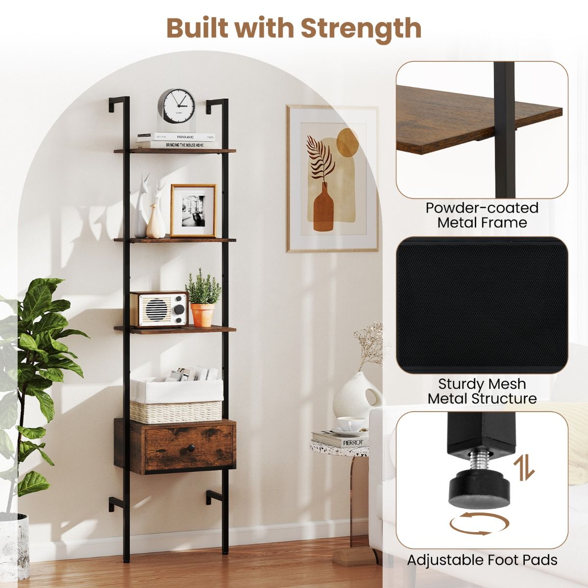 Coast Ladderboekenkast met lade - 5 lagen - metalen frame - rustiek bruin en zwart