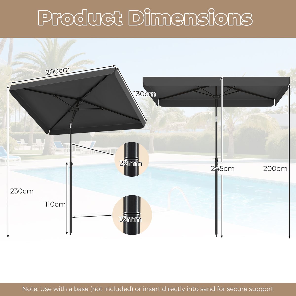 Coast Balkonparasol - rechthoekig - kantelbaar 30° - grijs 200 x 130 cm