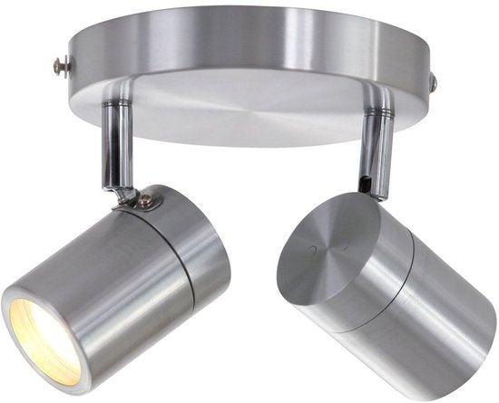 Staalkleurige 2-lichts spot Upround 2487ST - Draaibaar en kantelbaar - Modern design - Inclusief lichtbronnen - Mexlite - Geschikt voor binnen gebruik, IP44, max. diepte 15 cm
