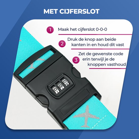 Roegaarden kofferriem met cijferslot - Bagageriem - Kofferslot - Inclusief kofferlabel - Blauw - 2 stuks