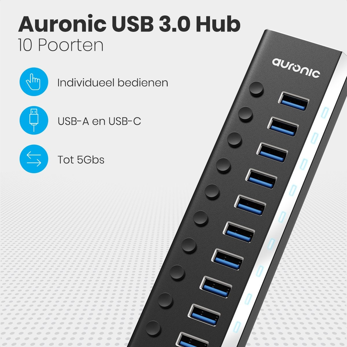 Auronic USB Hub 3.0 - USB Splitter met 10 Poorten - met Voeding - 5 GBPs - Led Indicatie - Zwart