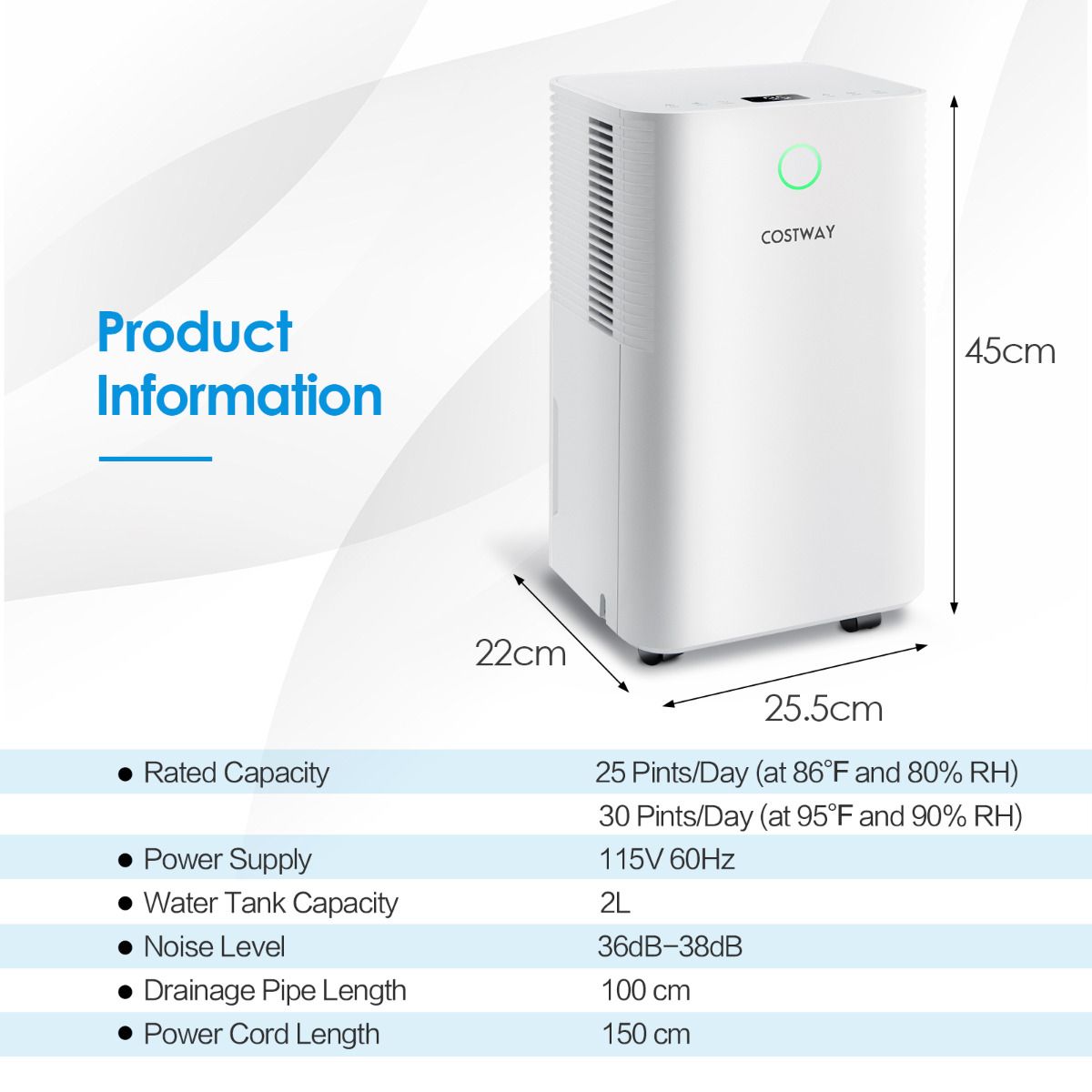 15L Mobiele Ontvochtiger voor 15㎡ – Stil & Efficiënt – 25,5 x 22 x 45 cm – Wit