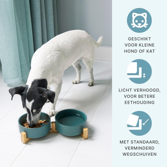 Voerbak Kat en Hond Keramiek - Voerbakken Dubbel met Standaard - Drinkbak - 2x 400 mL - Groen Mat