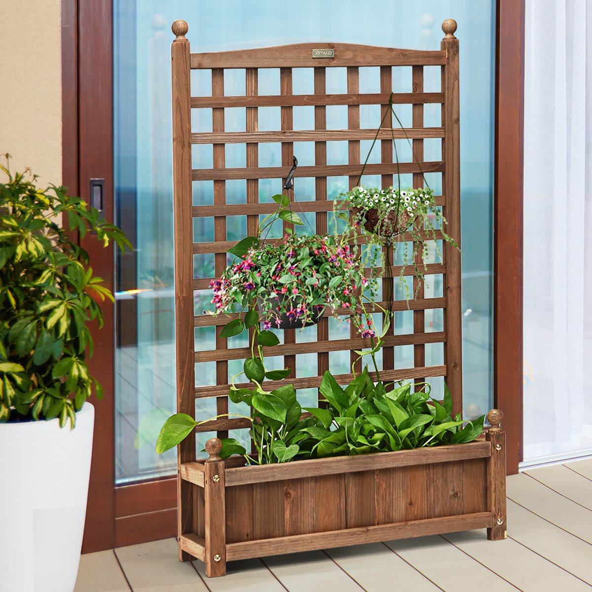 Coast Plantenbak met Klimrek - ruime bloembak - massief dennenhout - donkerbruin - 64,5 x 28 x 120 cm