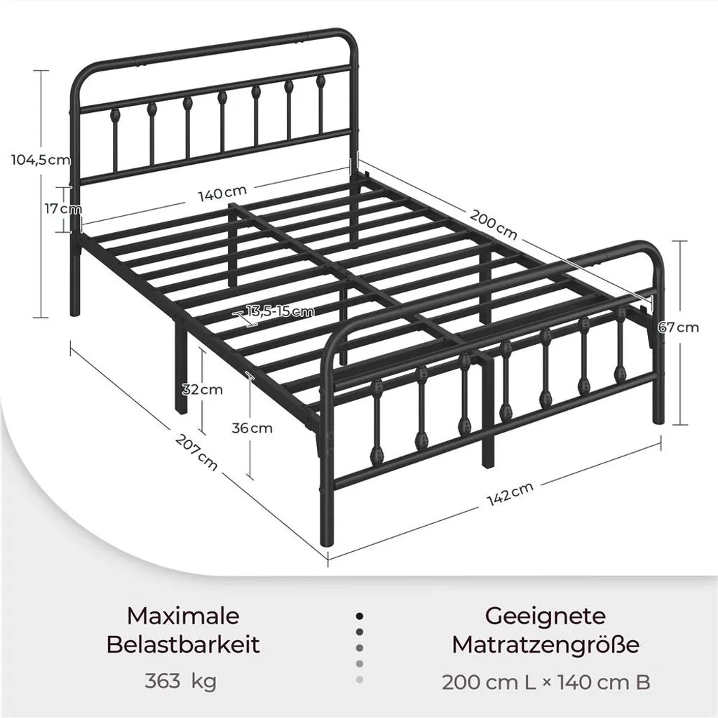 Yaheetech Bedframe 140 × 200 cm – Zwart Metaal – Metalen Bed met Lattenbodem en 32,5 cm Opbergruimte