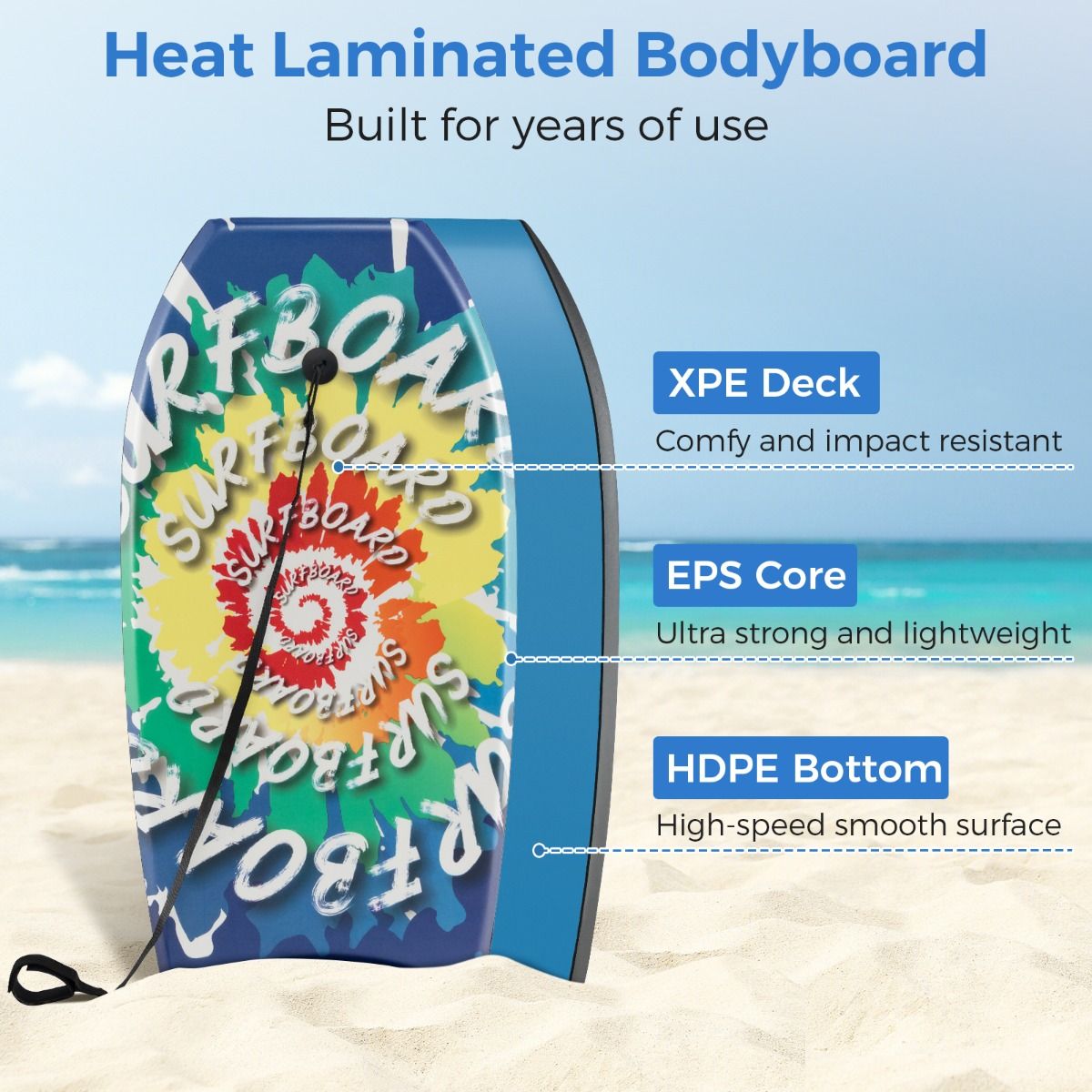 Coast Bodyboard voor kinderen - lichtgewicht surfplank - met polsband - 84 cm - blauw