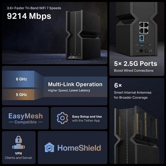TP-Link Archer BE550 - Router - WiFi 7 - Tri-band - BE9300- 9214Mbps