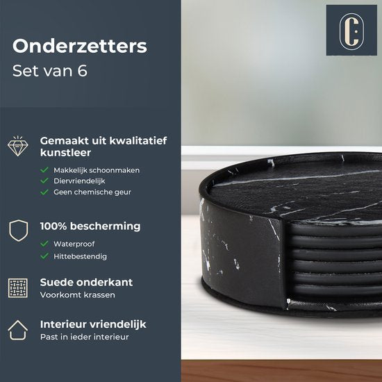 Castagnola Kunstlederen Onderzetters – Onderzetters voor Glazen – Design Onderzetters met Houder – Leren Onderzettersset – Leder – Set van 6 – Marmer look - Zwart/Wit
