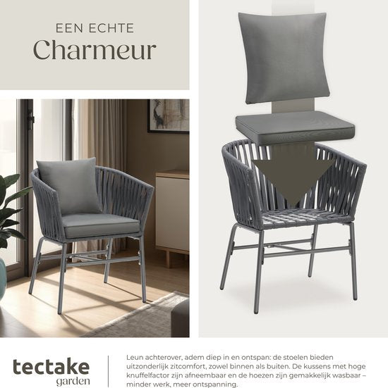 tectake® Tuinstoel, set van 2, metalen buitenstoel, terrasstoel met armleuningen, lounge chair, tuin fauteuil, tuin meubels, balkon meubels, tuinset lounge, waterafstotende kussens, verstelbare poten